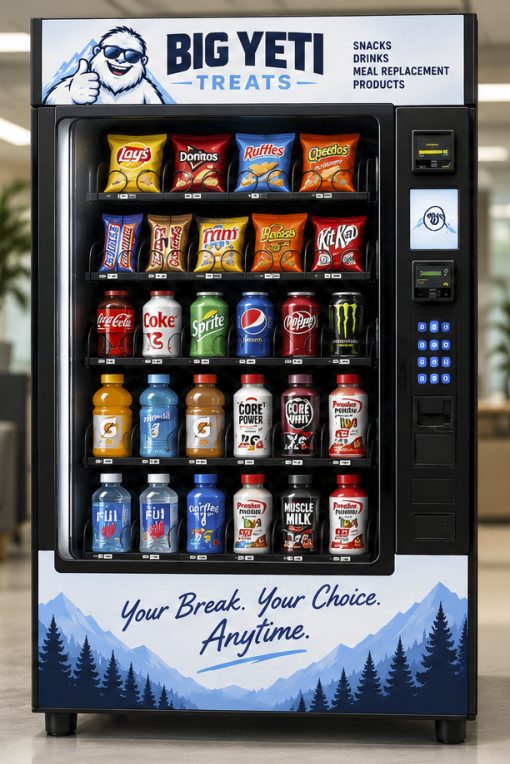 A Big Yeti Treats vending machine stocked with snacks, cold drinks and protein shakes